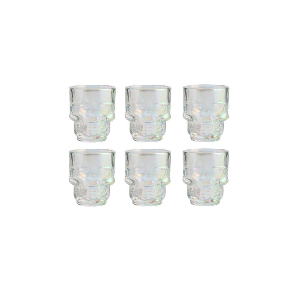 Set of 6 Skull Shot Glasses – 1.75 oz Glass Novelty Drinkware for Halloween Parties, Cocktail Bars & Home Decor