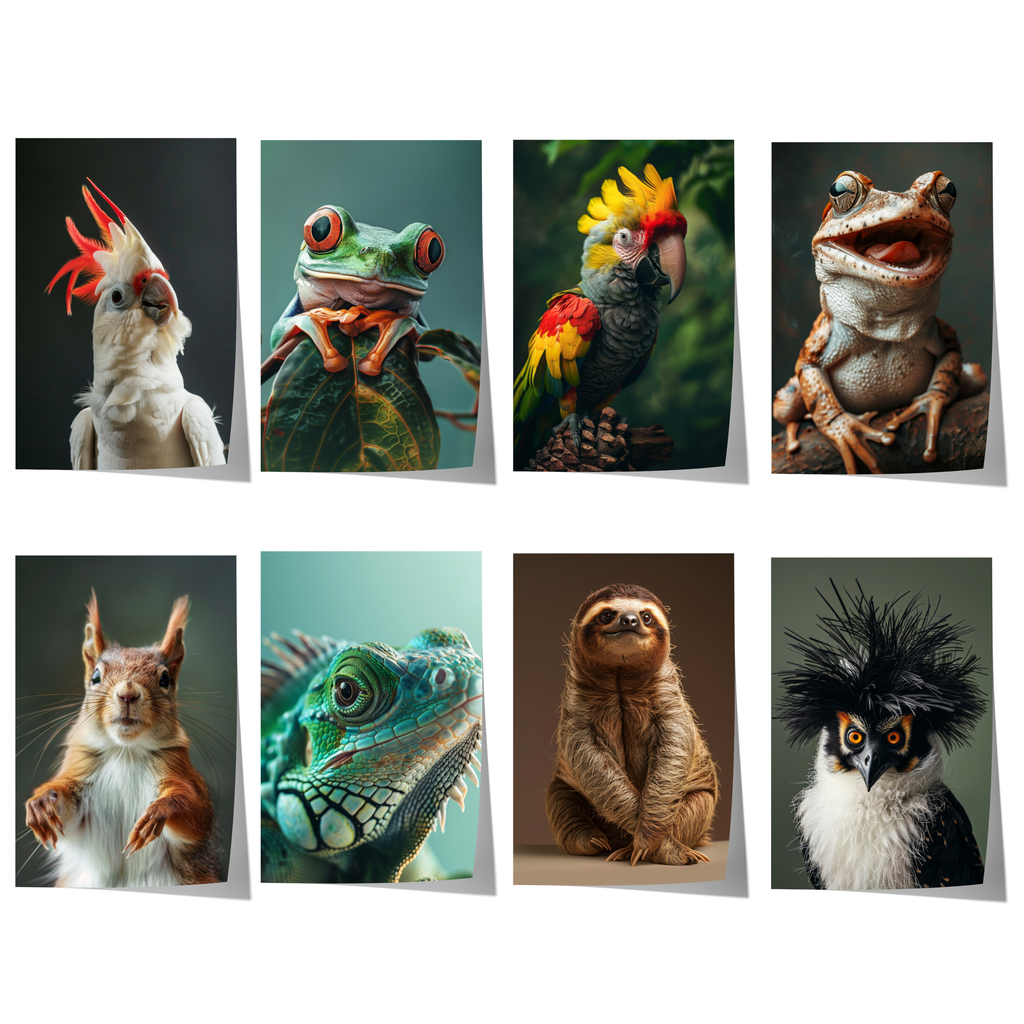 Exotische Tierporträts Poster · Geschenkidee · Kakadu, Papagei, Frosch, Gecko, Faultier und Eule · Dekoprint ohne Rahmen